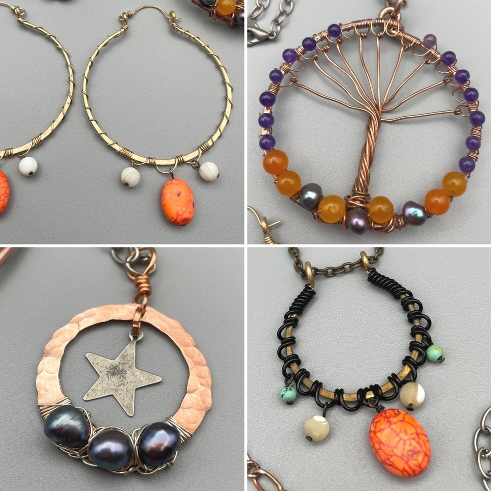 Handmade Jewelry Bundle Brass Copper Gemstone Beaded Boho Necklaces Earrings